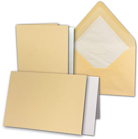 10 set di biglietti DIN B6 - 12 x 17 cm (120 x 170 mm) - Biglietti pieghevoli con buste e fogli da riempire - Struttura rigata sulla superficie - Colore giallo miele - Inviti vintage