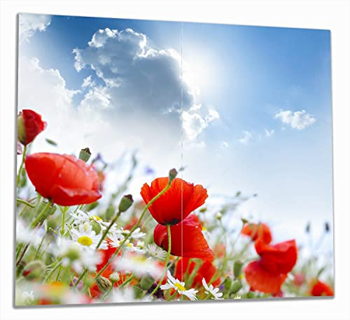Wallario Herdabdeckplatte/Spritzschutz aus Glas, 2-teilig, 60x52cm, für Ceran- und Induktionsherde, Mohnblumen unter blauem Himmel