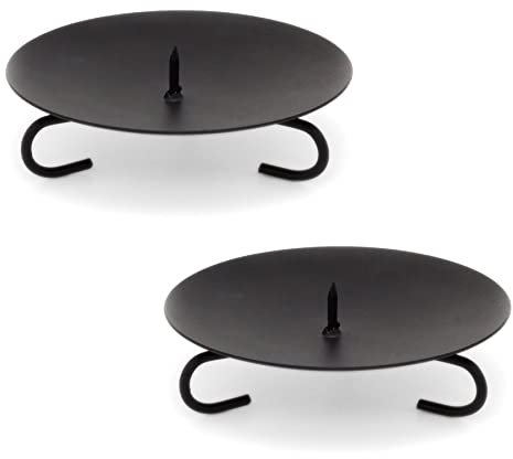 Set Of 2 Traditional Black Metal Candle Holder Candle Plate | Pillar Candle Holder Candle Dish Candlestick | Round Votive Candle Holders