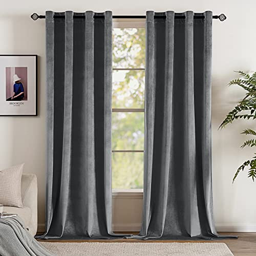 EMEMA 2 Stück Verdunklungsvorhang Samtvorhänge Blickdicht Vorhang mit Ösen Thermogardine Ösenvorhang Verdunkelungsgardinen für Schlafzimmer Wohnzimmer, 140 x 185 cm(B x H) Grau