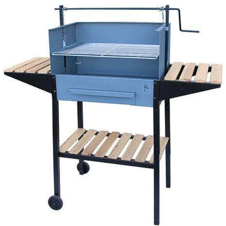 MF - 33741 - Barbacoa De Cadenas Con Ruedas 800 Para Carbón Y Leña - Estantes En Madera. 141 cm Alto x 80 cm Ancho x 40 cm Fondo,con Ruedas, Fabricado en Acero de 1,5 mm