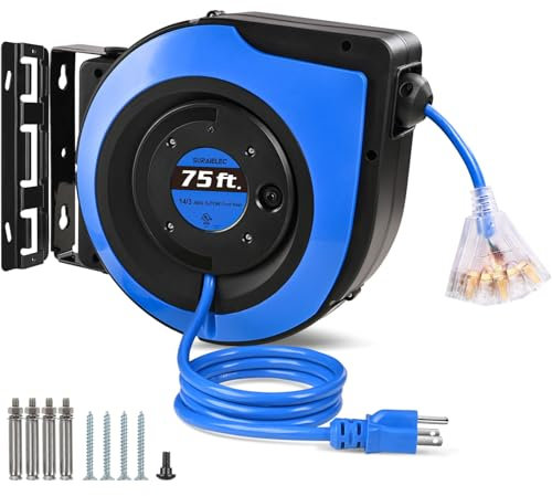SURAIELEC Retractable Extension Cord Reel, 75 FT 14 AWG/3C SJTOW Power Cord, 3 Outlets Triple Tap, 10 AMP Circuit Breaker, Ceiling/Wall Mount, UL Listed