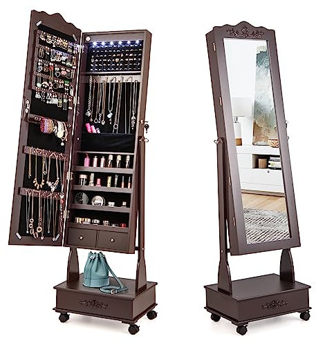 COSTWAY Schmuckschrank mit Spiegel, LED Schmuck Spiegelschrank mit Schublade, Schmuckorganizer abschließbar, auf Rollen, ideal für Aufbewahrung und Make Up