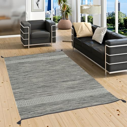 Alfombra Natural de algodón Kilim Toskana Gris | Alfombra Natural Tejida a Mano de fácil Cuidado para Cocina Pasillo salón