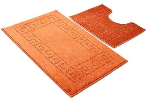 Ambience Products Greek Key Pattern Bath Mats 2 Piece Sets Non Slip Bathroom Mat, Soft Washable Rug Quick Dry Water Absorbent Bathroom Shower Mat & Pedestal Set (Trecotta)