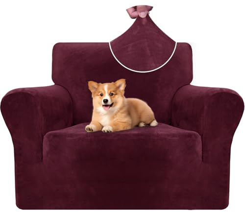 CYCMACO Samt Sofa Überzug 1 Sitzer, Sesselhusse Elastische, Couch Überzug Haustier Katze Hunde, Universal Sofa Cover Moderne, Sofahusse Mit Armlehnen, Sofaschoner rutschfest, Weinrot