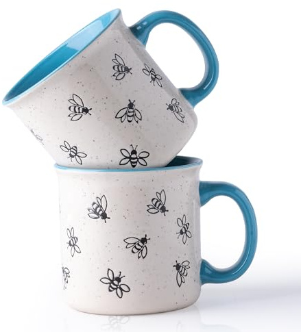 AmorArc 22 OZ Large Ceramic Coffee Mugs, Oversized Soup Cups With Big Handle for Men Women Dad Mom, Big Mug With Textured Bees Patterns for Office & Home -Microwave Safe, 2 Pcs-Blue