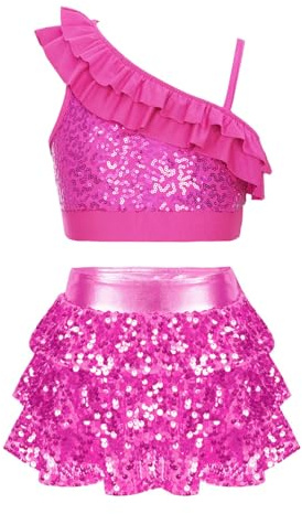 Freebily Vestito da Ballo Bambina Latino Americano Monospalla Rosa Caldo 13-14 Anni
