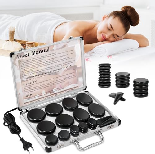 21 Pezzi Hot Stone Massage Kit Professionale,Pietre Massaggio Hot Stone con Scatola Rocce Riscaldate Terapia di Rilassamento Muscolare Pietra Calda per Rilassa,Guarisce e Allevia il Dolore (21)