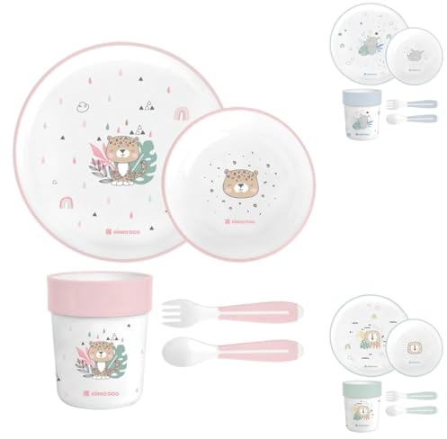 Kikkaboo Kindergeschirr Set Savanna 5-teilig Tiermotiv, Schale, Teller, Besteck pink