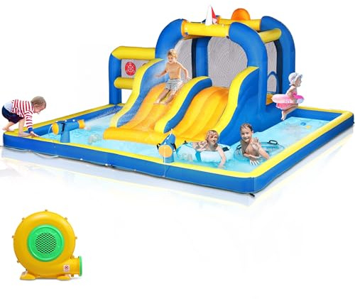 Ktaxon Inflatable Bounce House with Double Water Slide, Outdoor Inflatable Water Park Bouncy Castle w/Jumping Area, Splash Pool & Air Blower for Backyard, Lawn, Kids Age 3-8 (181x181x 86.7)