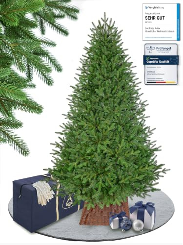 EveXmas Adele Künstlicher Weihnachtsbaum 215 cm, 899 Zweige, 100% PE Spritzguss – Christbaum und Tannenbaum grün, Nordmanntanne Optik, wie echt, inkl. Metallständer, Aufbewahrungstasche und Baumkorb