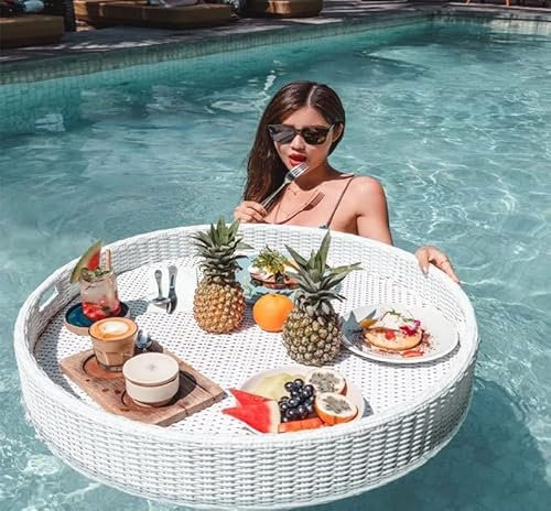 Schwimmende Tablett Tisch Rund Mit Griffe, Runde Rattan Gewebt Serving Tray Pool Schwimmt Für Erwachsene Für Sandbänke Spas Badewanne Und Partys-Hochzeit Fotografie Foto Schießen (Color : Weiß, SI