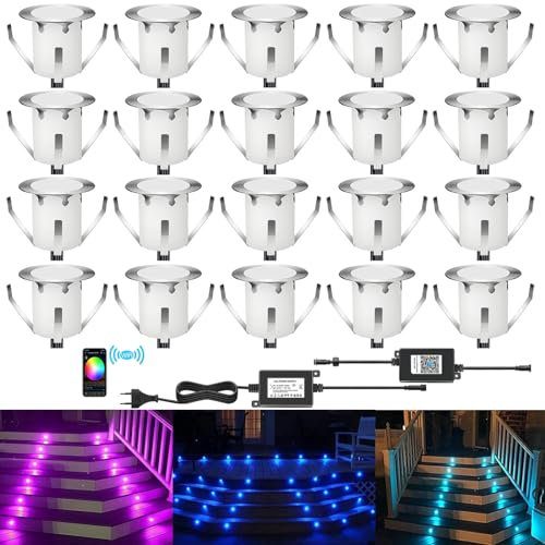 DarisingSun 20er LED Bodeneinbaustrahler, Ø30mm RGB WiFi Terrassen Einbauleuchten funktioniert mit Alexa und Google Home, App Steuerbar, Edelstahl Wasserdicht IP67 Außenleuchten Treppen Beleuchtung