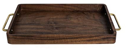 Vassoi per Servire Grande vassoio da portata vassoio in legno Noce nero con maniglie in metallo Vassoio a maggiordomo rettangolare for colazione a letto, tavolino da caffè Vassoio per la Cena