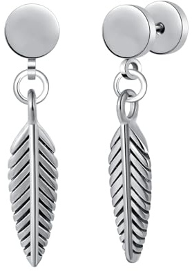 Yumilok Pendientes de acero inoxidable para mujeres, tornillos de barra de acero inoxidable para hombres, pendientes colgantes de plumas plateadas