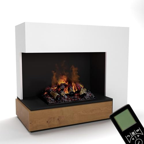 GLOW FIRE Wasserdampf Kamin PLANCK Links (Standkamin) - Elektrokamin mit realistischen LED 3D-Flammen, Knistereffekt & Fernbedienung, 111x90 cm - Opti-Myst 500 Elektro Kamin mit Holz-Deko, Weiß