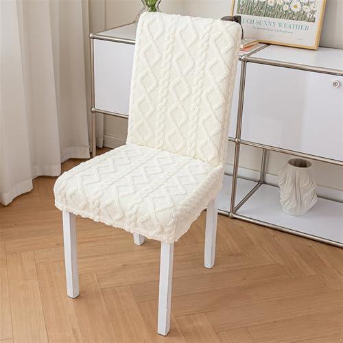 GIBZ Plüsch Fell Jacquard Stretch Stuhlhussen für Esszimmerstühle 4er Set Stuhlbezug Weicher Dicker Waschbarer Sitzschutz, Weiß