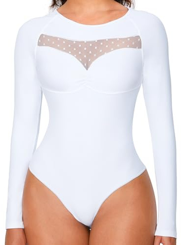 FXTYK Dam body sexig främre brösturringning sheer mesh spets långärmad bodysuit leotard toppar, Vit, L
