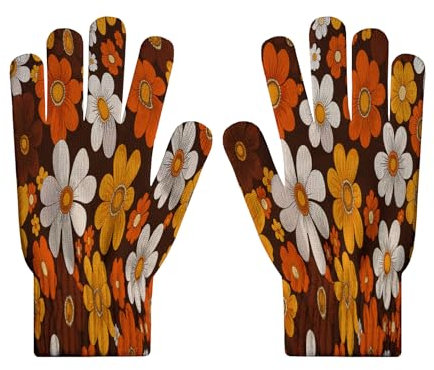 HZCRAES Strickhandschuhe Für Den Für Damen – Braune Touchscreen-Handschuhe Mit Gänseblümchen-Print,Vintage-Blumen-Print,Hautfreundliche,Winddichte Handschuhe Für Herren Im Herbst Und Freizeit,Für Die