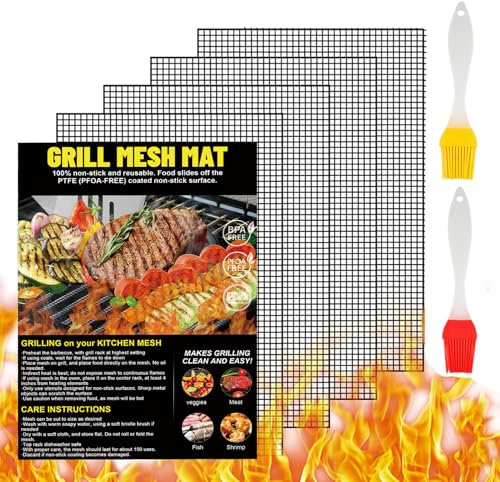 4Pcs Tappetino BBQ 40x33cm, Griglia Tappetino BBQ, Tappetino Griglia Barbecue, BBQ Tappetino Antiaderente, Grill mat Riutilizzabili con 2pcs Pennello BBQ, per Gas Carbone Forno e Griglia Elettrica