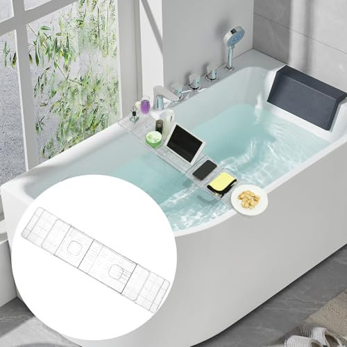 Badkarshylla justerbar 80 cm badkarshylla plast för mobiltelefon och böcker transparent dränering badkarsbräda present för familj vänner