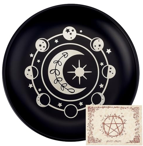 CREATCABIN Phase Moon Star Offering Bowl Altar Ritual Plate Stainless Steel Flat Bowl Round Tray Prayer Dish Candle Holder with Card Black Jewelry Dish for Smudging Incense Burner Decoration 5.55Inch