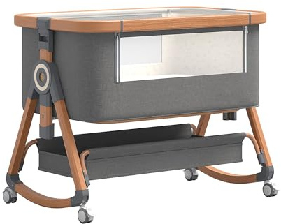 GLOKID 3in1 Baby Beistellbett Reisebett, Babybetten, Mit Rollen, Sechs Ebenen Stufen Höhenverstellung, Wiege, Höhenverstellug und Einstellung der Neigung der Matratze (Goldgrau)
