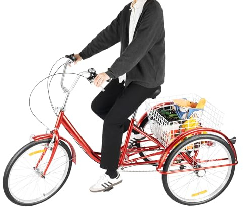 SuhoFutus Tricycle Adult, 24-Inch Adult Tricycle, 3 Wheel Cargo Bike with Basket for Men Women Seniors, Adjustable Saddle and Handlebars, Three Wheel Bike for Riding, Shopping and Picnics