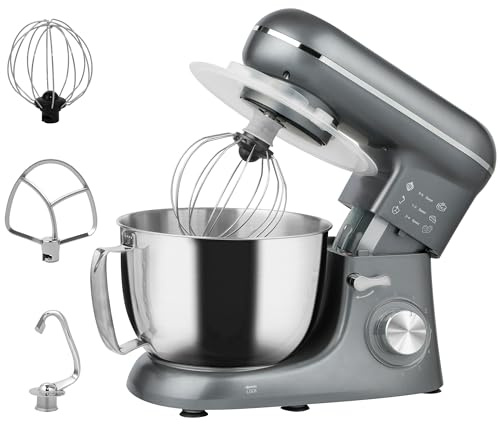 HOMCOM Stand Mixer, 4.5L Food Mixer for Baking, 6 Speeds and Pulse Setting, 1300W Cake Electric Whisk with Dough Hook, Whisk, Stainless Steel Bowl, Splash Guard, Beater, Silver Tone