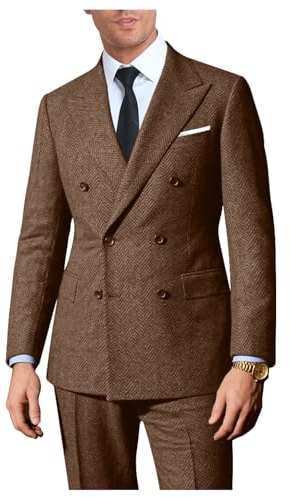 Lynerun Retro 2 Pieces Suit Men Slim Fit Formal Double Breasted Tweed Herringbone Men Suit Jacket Pants Set Wedding Tuxedo