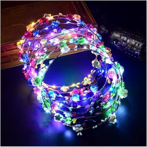 12 Pcs Leuchtender Haarkranz Blumen,Haarkranz Leuchtend,Garland Stirnband,Haarband mit Blumen,LED Blumenkranz Stirnband,Blumenstirnband Damen LED