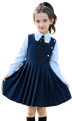 LOLANTA Plisserad overall för skoluniform, fyrkantig hals, ärmlös, med dekorativa knappar, veckfri, 5–12 år, Marinblå beu, 10-11 �r