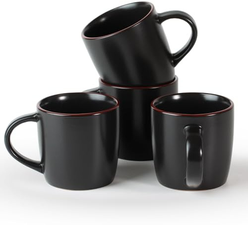 Richmount Mercury Coffee Mugs Set of 4, 13oz/370ml Stoneware Tea Cups with Large Handle and Burgundy Trim for Latte/Cappuccino/Milk/Cocoa/Tea, Microwave & Dishwasher Safe, Black