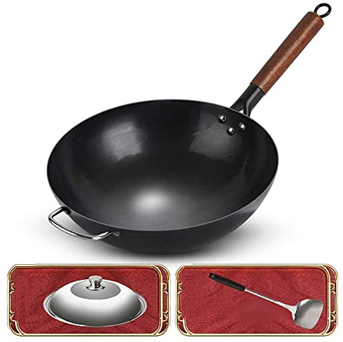 YHEIANJ Padella Wok Antiaderente, Wok per Uso Domestico Vecchio Stile, Non Rivestita, per fornello a Gas, Speciale per Cottura a Gas, Padella Antiaderente, 4 Misure, Padella Wok,B 34CM