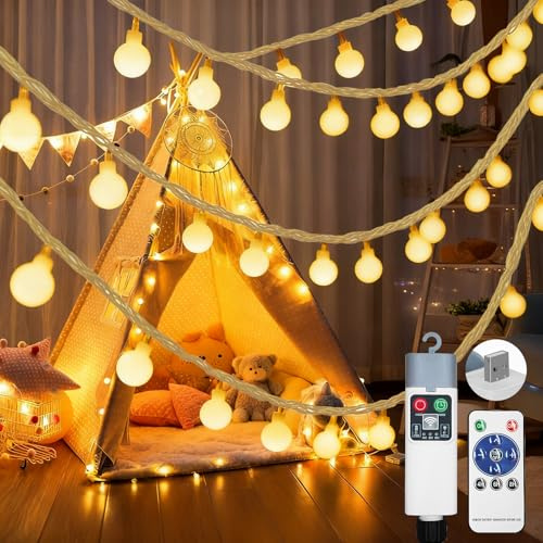 Guirlande Lumineuse Exterieure Avec Batterie Rechargeable,7M 50 LED Boules avec 8 Modes d'éclairage,Télécommande Idéale pour le Balcon, Chambres, Noël Décoration (Blanc Chaud)