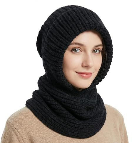AYPOW kvinnor vinter stickad mössa halsduk set 2 i 1, vindtät varm mössa keps tjock fleece fodrad termisk integrerat öronskydd huva halsduk damer balaklava snood mössor utomhusaktiviteter, Svart, en