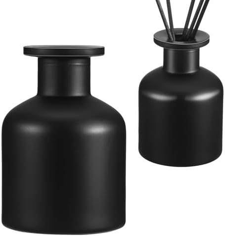 CHICAMPERA 2 Piezas Botellas Difusoras de Vidrio Mate Negras Recipientes Recargables para Aromaterapia Frascos sin Llama para Aceites Esenciales y Decoración Elegante