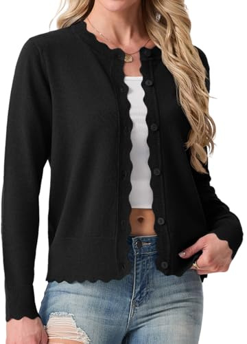 GRECERELLE Cardigan en tricot à col rond léger à manches longues pour femme avec boutons festonnés pour robe d'été, soirée, mariage, Noir , L