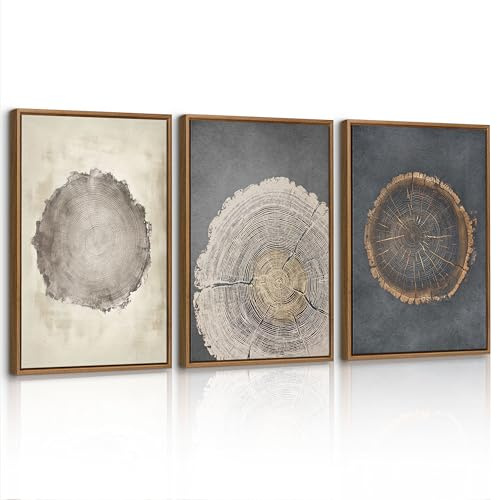 3 Pcs Vintage Baum Ringe Holz Leinwand Bilder mit Rahmen Set, Retro Holz Stumpf Wandbilder Natur Bauernhaus Rustikal Bild Auf Leinwand Poster Deko für Wohnzimmer Schlafzimmer Büro 40X60cmx3 Pcs