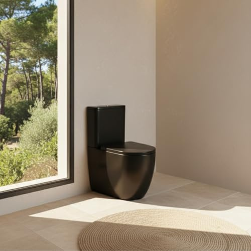 SOULHOME Pack Inodoro Rimless Curvo Negro Mate Pulsador Dorado | Tapa Thermodur Amortiguada, Salida DUAL Horizontal/Vertical, Doble Descarga Eco, Conexión agua inferior Derecha/Izquierda.