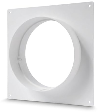 Square Wall Plate with 150mm / 6 Inch Male Spigot, White, Durable Plastic, 200mm x 200mm, Air Tight Seal, Pre-drilled Mounting Holes