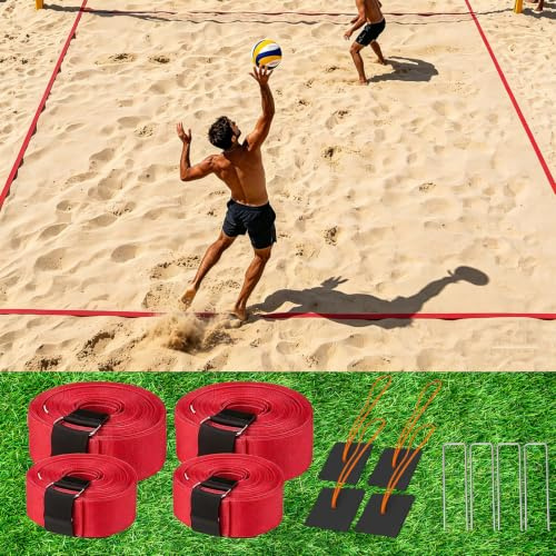 2-in-1 Beachvolleyball Linien, Spielfeldmarkierung mit Mittellinie, Tragbare Volleyball Feldlinien zum Fixieren für Sandstrand & Rasen, Beachvolleyball Platzlinien für Outdoor Sport (Rot)