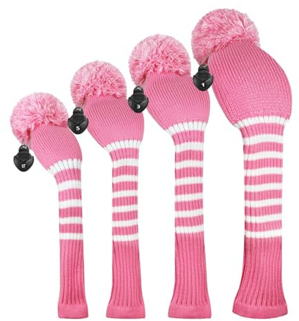 Scott Edward Knit Wood Golf Covers 4 Pieces Handmade Knitted Item Fit Over Well Driver Wood(460cc) Fairway Wood*2 and Hybrid(UT)(Pink Stripe)