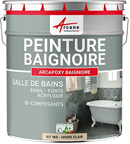 ARCANE INDUSTRIES Peinture BAIGNOIRE LAVABO : Résine Salle de Bain pour Baignoire émail, acrylique et fonte - 1 kg (jusqu'à 3 m² en 2 couches) Ivoire Clair - RAL 1015