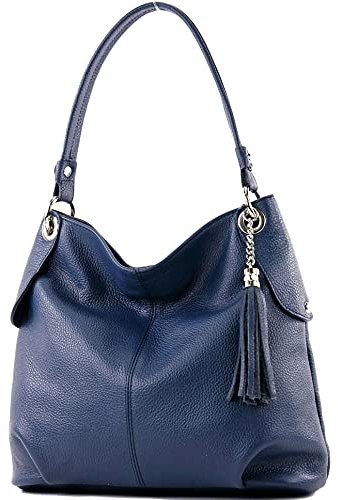 modamoda de T185 Damen Leder Schultertasche Handtasche handmade in Italy, Farbe:Saphirblau