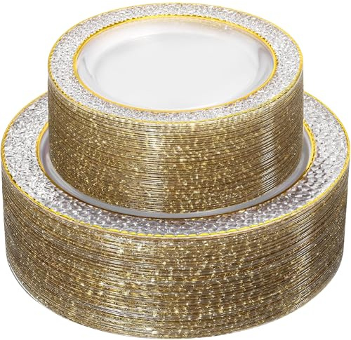 Nervure 102PCS Gold Plastic Plates - Disposable Clear Gold Party Plates Include 51PCS 10.25inch Dinner Plate & 51PCS 7.5inch Dessert Plate Perfect for Wedding & Party & Christmas