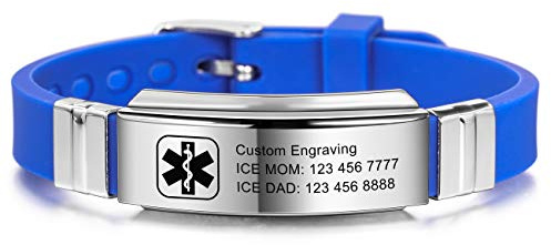 MOWOM Medical Bracciale Personalizzato con Incisione in Silicone Regolabile identificativo Sportivo identificativo per Uomo Donna Bambini Acciaio Inossidabile (Blu, *Personalizza Ora*)