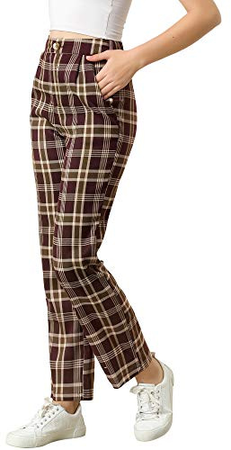Allegra K Damen Plaid Pants Elastische Taille Casual Arbeit Büro Lange Hose - Rot - X-Groß