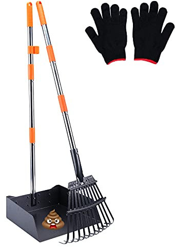 HAPPY HACHI Hundekotschaufel und Harke Set, Hundekotsammler mit verstallber Länge Griff, für große und kleine Hunde, Pooper Scooper mit Behälter zur Entfernung von Tierabfällen (Silber, M)